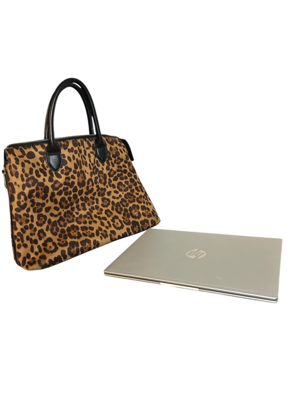 Leopard Print Suede Satchel Bag Expandable Sides Top Handle - Picture 9 of 11